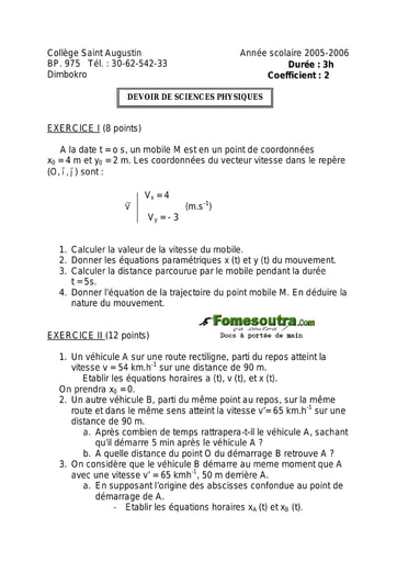 Devoir 14 Physique-Chimie niveau Terminale D Collège Saint Augustin