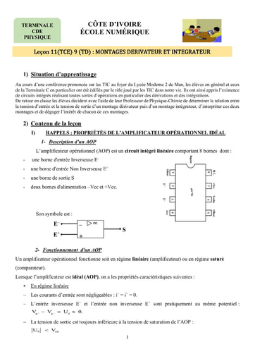 Sujet de Physique-Chimie Terminale CDE Montages Dérivateur et Intégrateur