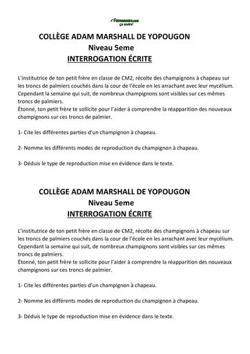 Sujet 5ième interrogation écrite SVT 5ième (champion) By Tehua