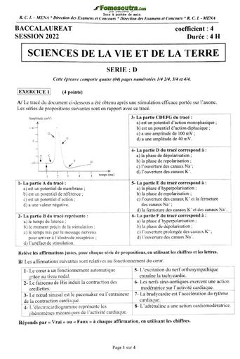 Sujet et Corrigé SVT BAC D 2022