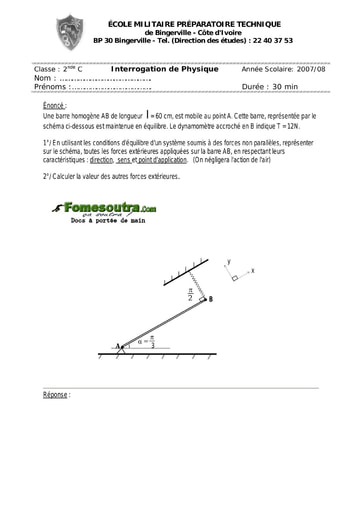 Interrogation (5) de Physique niveau 2nde C - EMPT Bingerville