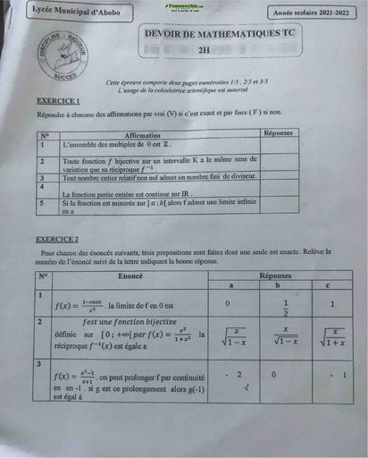 Devoir de Mathématiques niveau Terminale C - Lycée Municipal d'Abobo - Anne scolaire 2021-2022