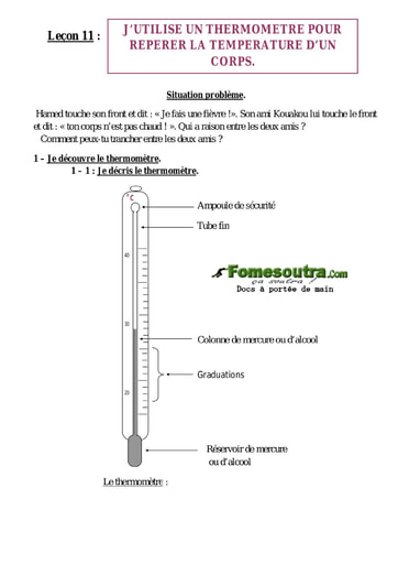 Leçon 11: J’utilise un thermomètre pour repérer la température d’un corps - Cours chimie 6eme