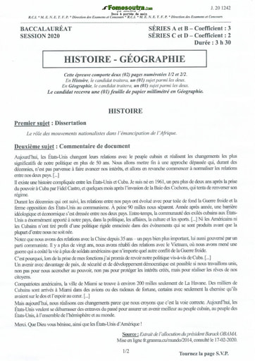 Sujet d'Histoire et Géographie des BAC A B C et D 2020