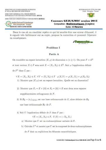 Sujet de Mathématique 3 concours GE2I/GMEC 2013