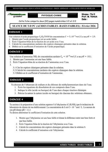SEANCE DE T D PC niveau Tle D (ACIDES FAIBLES  BASES FAIBLES)  Février 2026 by TEHUA