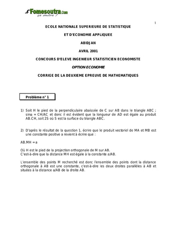 Corrigé 2ème épreuve de maths ISE option économie 2001 (ENSEA)