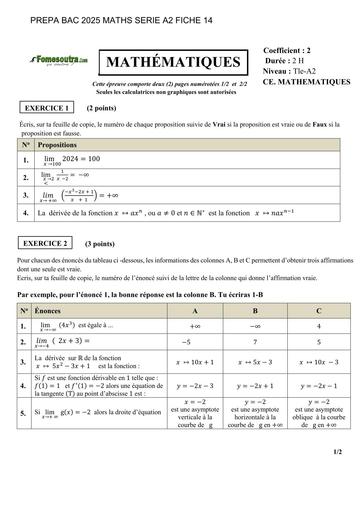 PREPA BAC 2025 MATHS SERIE A2 SUJET 14 AVEC CORRECTION BY TEHUA