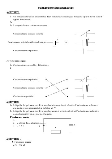 Corrigés Leçon 9 LES CONDENSATEURS