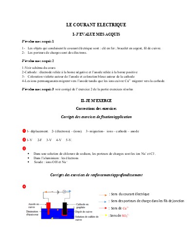 Corrigé leçon 7 Le courant electrique