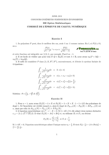 Corrigé Calcul numérique ISE option maths 2012 (ENSEA - ISSEA - ENSAE)