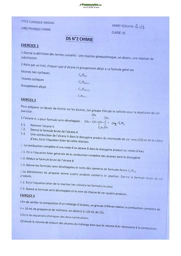 Sujet de Physique-Chimie Première C Lycée Classique Abidjan 2022-2023