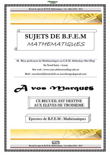Fascicule SUJET DE BFEM MATHS NIVEAU 3ième BY TEHUA