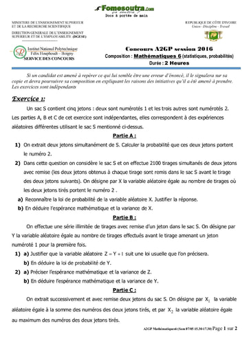 Sujet de Mathématiques 6 (statistiques, probabilités) concours A2GP 2016