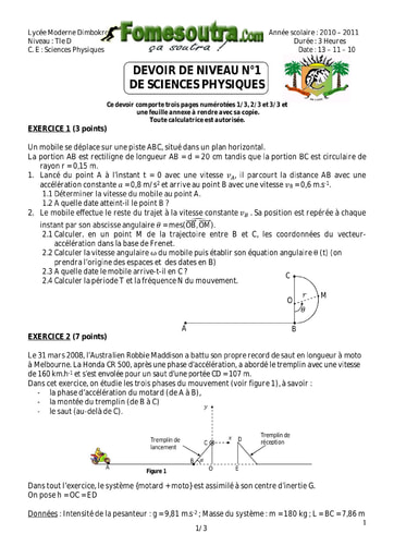 Devoir 2 Physique-Chimie niveau Terminale D lycée moderne Dimbokro