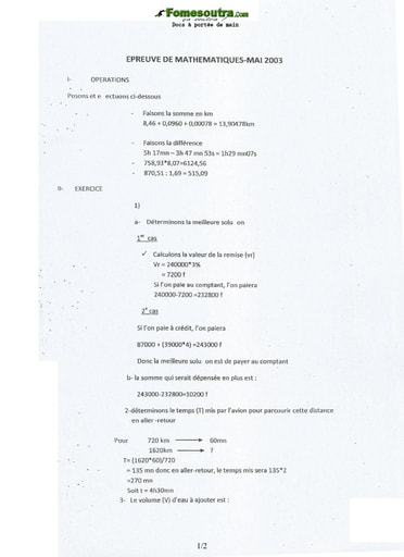 Corrigé de Mathématiques concours d’entrée à l'EMPT Bingerville 2003