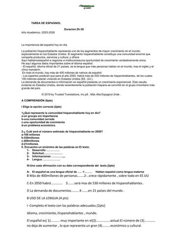 SUJET 2nde & 1ière A Devoir D'ESPAGNOL de première et de seconde 2025 2026 by TEHUA