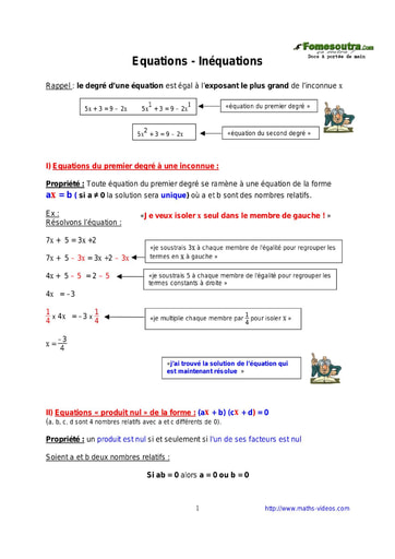 Equations - Inéquations - Cours de maths 3eme