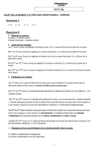 COURS DE VACANCES SVT Tle CORRIGE SUJET 3 (LE REFLEXE CONDITIONNEL) BY TEHUA