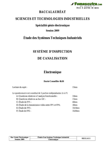 Sujet corrigé Système d'inspection de canalisation - Étude des systèmes techniques industriels - BAC 2009