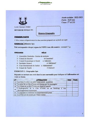 Devoir Histoire-Géographie Niveau Terminal D 2022-2023