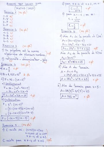 Barème Test lourd maths 3ieme provincial 2025 by Tehua