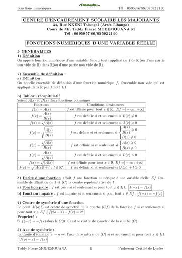 COURS DE MATHS Tle C FONCTIONS NUMERIQUES D'UNE VARIABLE REELLE BY TEHUA