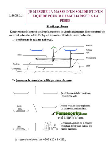 Leçon 10: Je mesure la masse d’un solide et d’un liquide pour me familiariser à la pesée