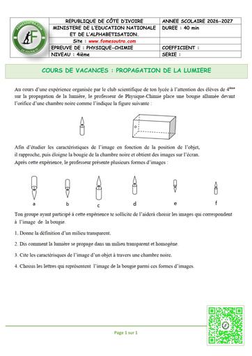 FICHE 2 PC 4ième L1 PROPAGATION DE LA LUMIERE by TEHUA