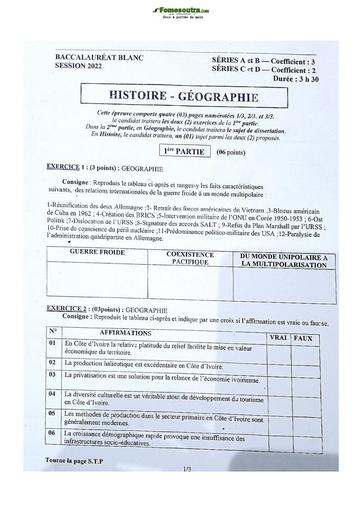 Sujet de Baccalauréat Blanc Histoire-Géographie 2021-2022