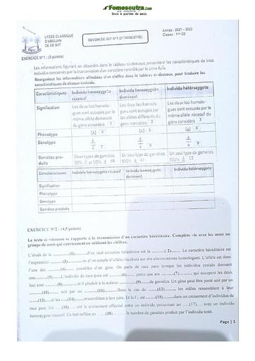 Sujet de SVT niveau Première D Lycée Classique Abidjan 21-22