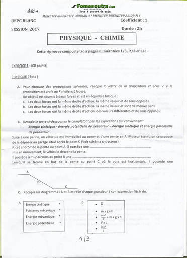 Sujet Physique Chimie BEPC blanc 2017 - DREN Abidjan 4