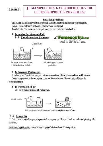 Leçon 5 : Je manipule des gaz pour découvrir leurs propriétés physiques - Cours chimie 6eme