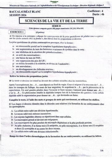 Sujet bac blanc régional drena Abidjan 4 SVT sujet By Tehua