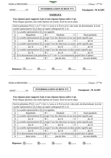 INTERROGATION ECRITE N°2 MATHS NIVEAU 1ière D BY TEHUA