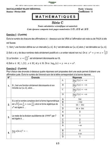 BAC BLANC 2026 DRENA GAGNOA SUJET MATHS SERIE C (SUJET) by TEHUA