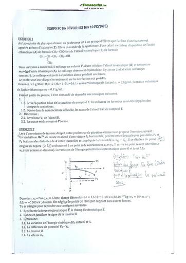 Sujet de Physique-Chimie Première C Lycée Classique Abidjan 2022-2023