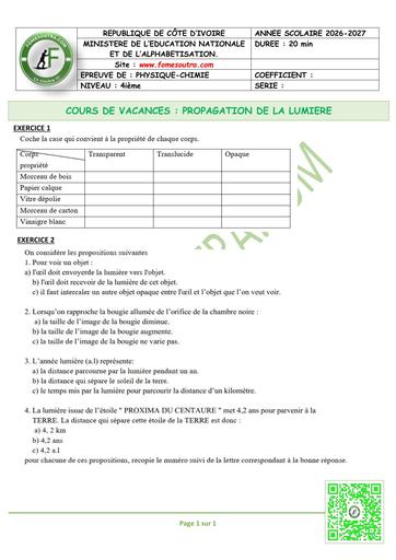 FICHE 1 PC 4ième L1 PROPAGATION DE LA LUMIERE by TEHUA
