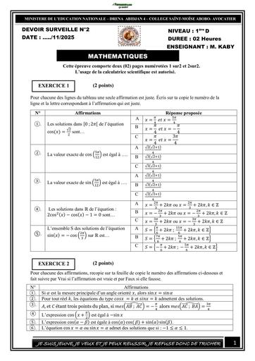 Sujet 1ière D devoir N°2 maths 1ère D 2025 2026 (Trigonométrie) Saint Moïse abobo By Tehua
