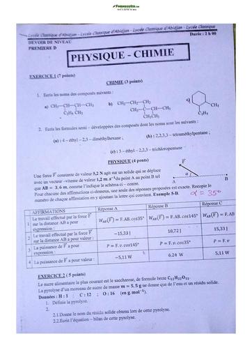 Sujet de Physique-Chimie Niveau Première D Lycée Classique Abidjan 2022-2023