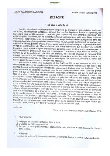 Sujet de Français Niveau Terminale Lycée Classique Abidjan 2022-2023