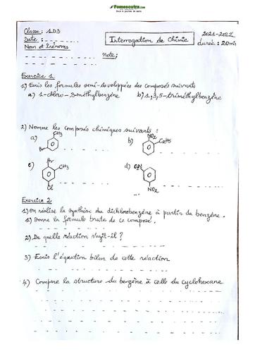 Sujet de Physique-Chimie Niveau Première D Lycée Classique Abidjan 2023