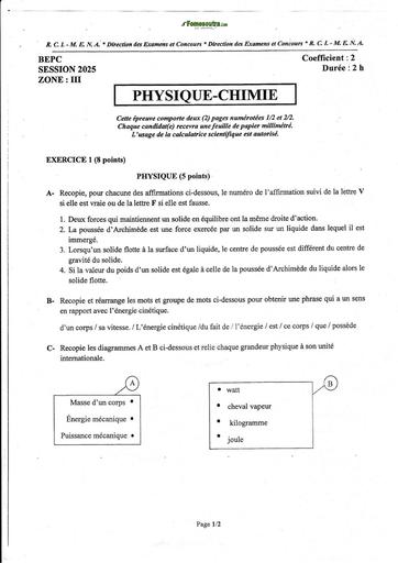 BEPC 2025 SUJET ET CORRIGE  BAREME PC ZONE 123 Côte d'IVOIRE BY TEHUA
