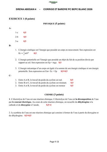 BEPC CORRIGE ET BAREME PHYSIQUE CHIMIE