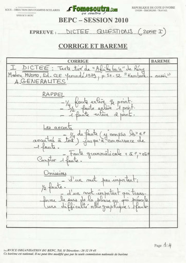 Corrigé de dictée et questions BEPC 2010 Zone 1