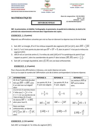 DEVOIR DE NIVEAU MATHS 2nde C FIGUIER Octobre 2024 BY TEHUA