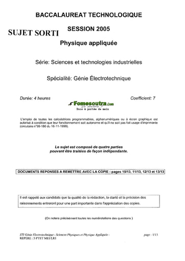 Sujet de Physique Appliquée - BAC Génie Électronique 2005 (sorti)