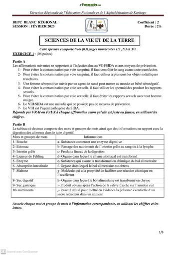 SUJET BEPC BLANC 2025 SVT REGIONAL DRENA KORHOGO FEVRIER 2025 BY TEHUA