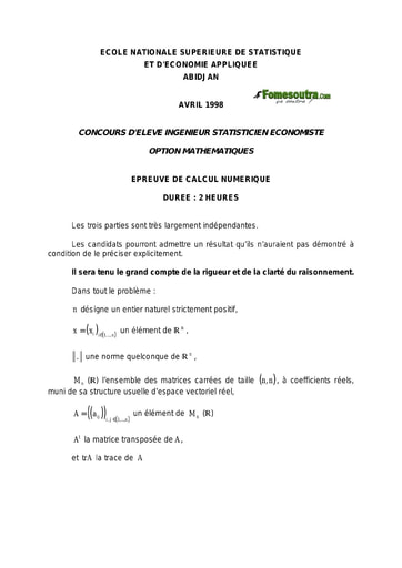 Sujet Calcul numérique ISE option maths 1998 (ENSEA - ENSAE - ISSEA)