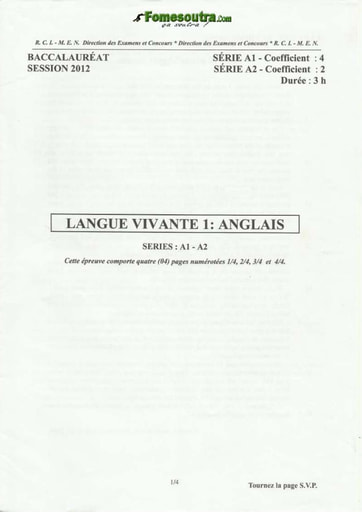 Sujet d'Anglais des BAC A1 et A2  2012